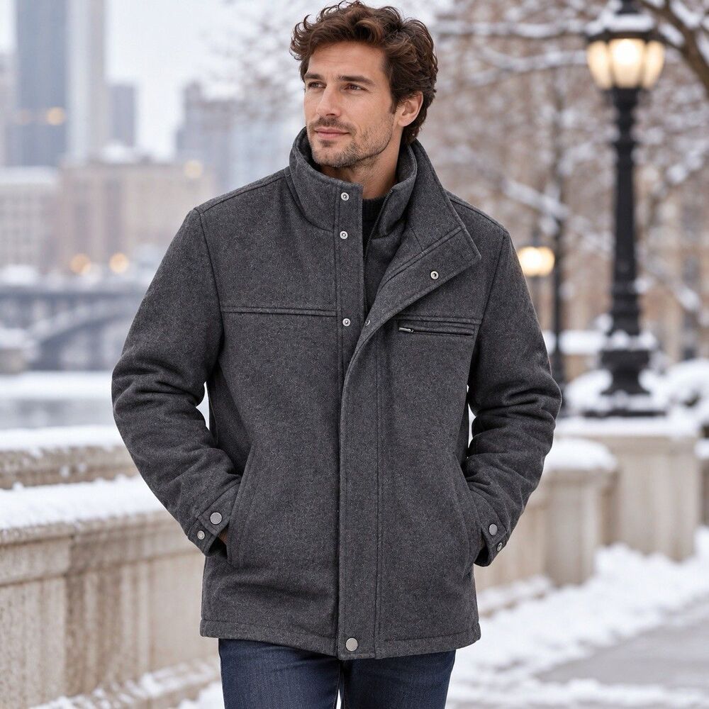 London Fog Car Coat L Charcoal Gray Wool Blend Layered Zip Bib Winter Gorpcore